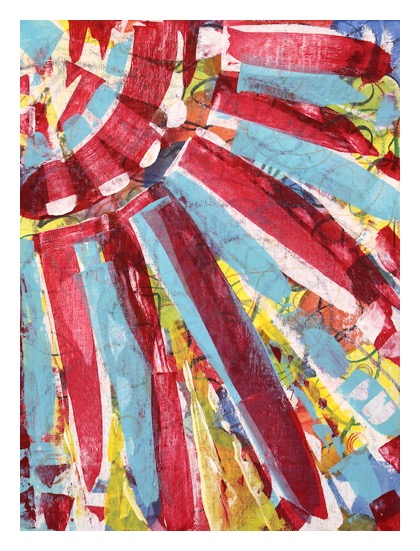 abstract painting using aqua, red and yellow